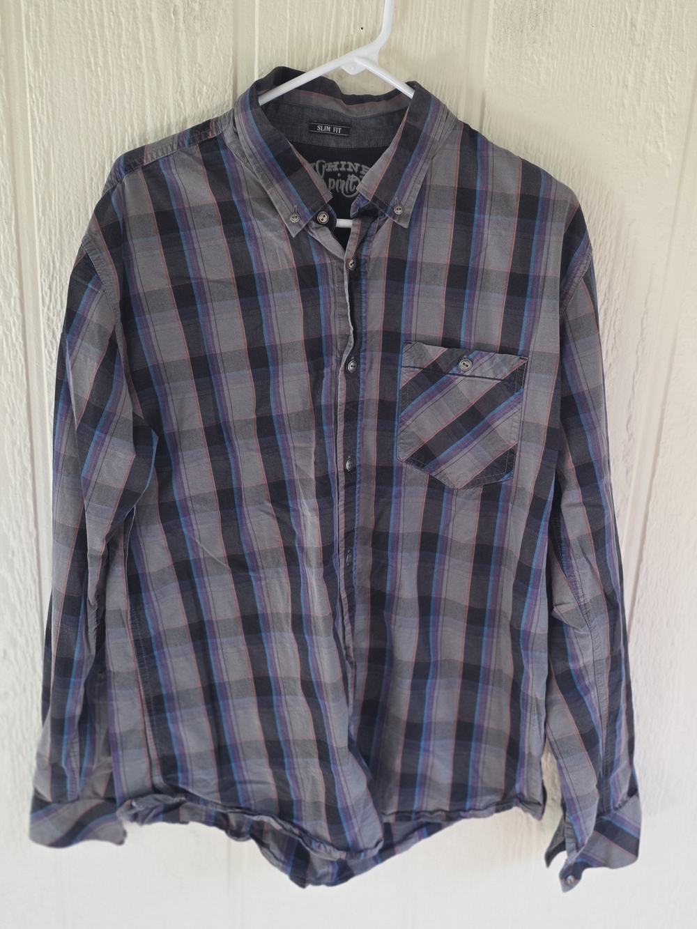Moonshine Spirit Slim Fit Button-Up Shirt in Charcoal with Plaid Trim, Size XL